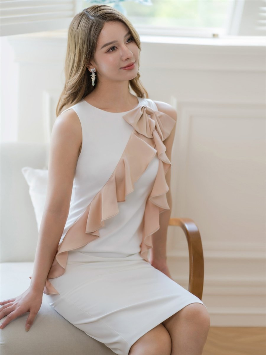 画像11: [ERUKEI]ホワイトxベージュ・ブラックxグレー・ノースリーブ・バイカラー・リボン・ミディアムドレス・ワンピース[送料無料] (11)