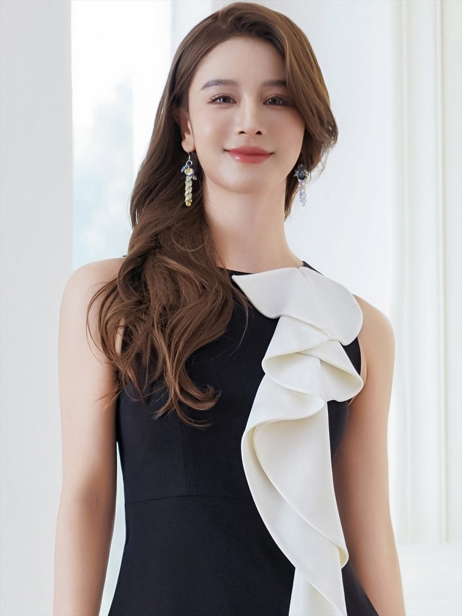 画像4: [ERUKEI]ブラック×ホワイト・バイカラー・フリル・ノースリーブ・Aライン・ミニドレス・ワンピース[送料無料] (4)