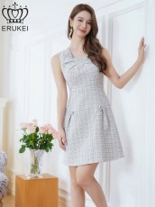 画像1: [ERUKEI]グレー・ノースリーブ・ツイード・切替・フレア・リボン・Aライン・ミニドレス・ワンピース[送料無料] (1)