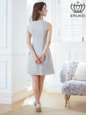 画像3: [ERUKEI]グレー・ノースリーブ・ツイード・切替・フレア・リボン・Aライン・ミニドレス・ワンピース[送料無料] (3)