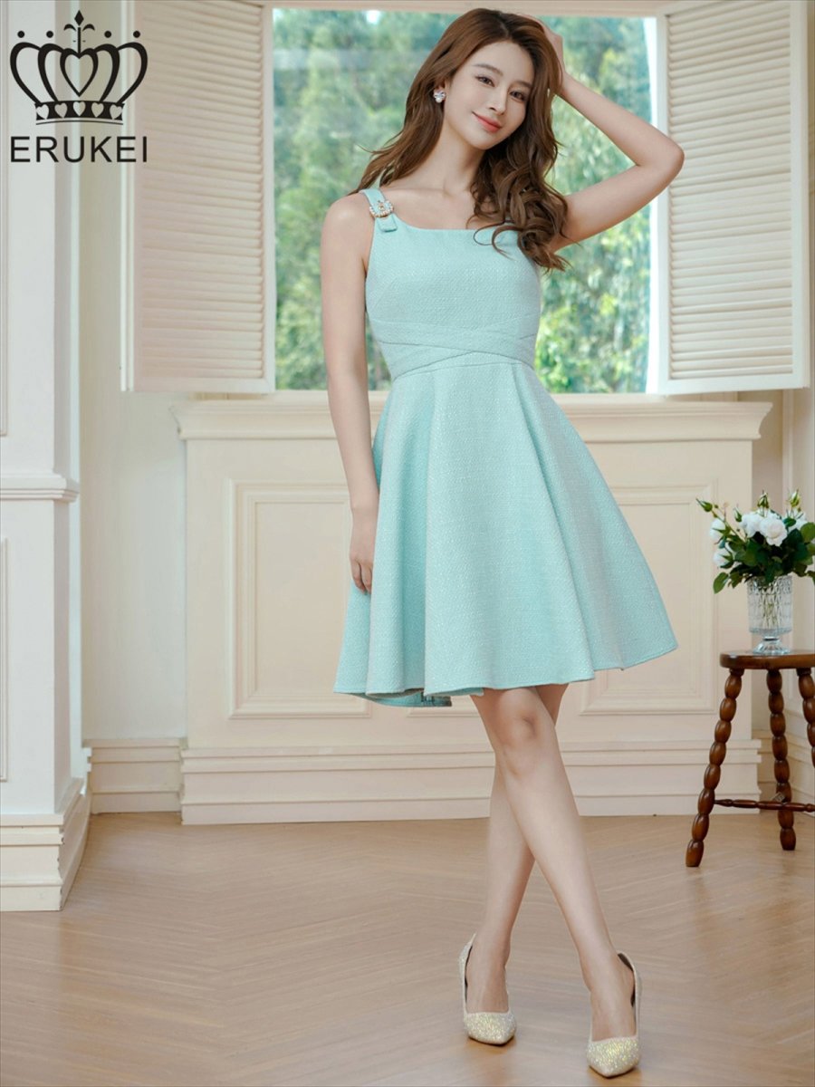 画像1: [ERUKEI]グリーン・ノースリーブ・ベルト風・ツイード・Aライン・ミニドレス・ワンピース[送料無料] (1)