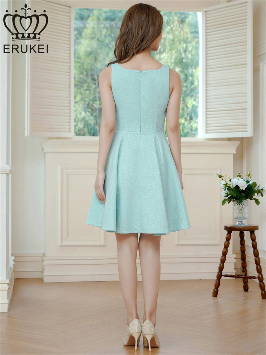 画像3: [ERUKEI]グリーン・ノースリーブ・ベルト風・ツイード・Aライン・ミニドレス・ワンピース[送料無料] (3)