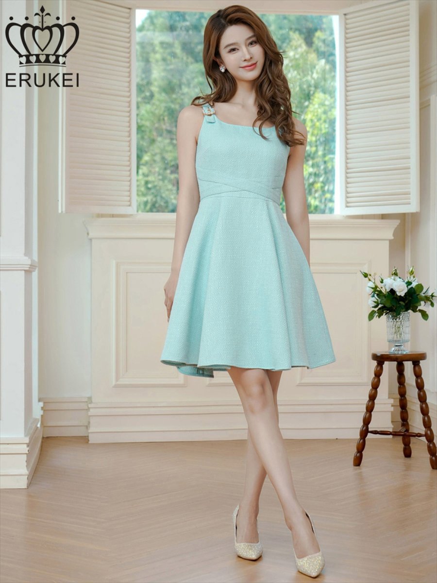 画像5: [ERUKEI]グリーン・ノースリーブ・ベルト風・ツイード・Aライン・ミニドレス・ワンピース[送料無料] (5)