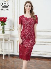 画像13: [ XS-Lサイズ / 4カラー ][ERUKEI]ベージュ・ホワイト・ブルー・ブラック・ワインレッド・コードレース・半袖・タイト・スリット・ミディアムドレス・ワンピース[奈月セナ着用][送料無料] (13)