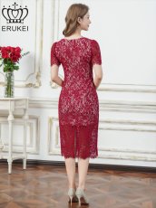 画像15: [ XS-Lサイズ / 4カラー ][ERUKEI]ベージュ・ホワイト・ブルー・ブラック・ワインレッド・コードレース・半袖・タイト・スリット・ミディアムドレス・ワンピース[奈月セナ着用][送料無料] (15)