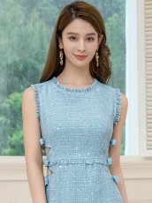 画像7: [ERUKEI]ブルー・ホワイト・ノースリーブ・フリンジ・スパンコール・ラメ糸・ツイード・リボン・カットアウト・スリット・Aライン・ミニドレス・ワンピース[送料無料] (7)