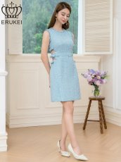 画像9: [ERUKEI]ブルー・ホワイト・ノースリーブ・フリンジ・スパンコール・ラメ糸・ツイード・リボン・カットアウト・スリット・Aライン・ミニドレス・ワンピース[送料無料] (9)