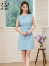 画像1: [ERUKEI]ブルー・ホワイト・ノースリーブ・フリンジ・スパンコール・ラメ糸・ツイード・リボン・カットアウト・スリット・Aライン・ミニドレス・ワンピース[送料無料] (1)