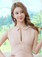 画像4: [ XS-Lサイズ / 1カラー][ERUKEI]襟付き・ツイード・ノースリーブ・バストカット・ハイウエスト・Aライン・フレア・ミニドレス・ワンピース[送料無料] (4)