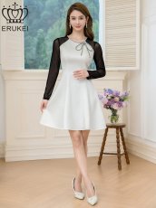 画像1: [ERUKEI]ホワイト×ブラック・サテン・ネット・ラインストーン・長袖・Aライン・ミニドレス・ワンピース[送料無料] (1)