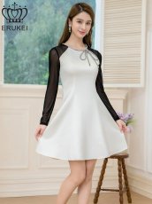 画像2: [ERUKEI]ホワイト×ブラック・サテン・ネット・ラインストーン・長袖・Aライン・ミニドレス・ワンピース[送料無料] (2)