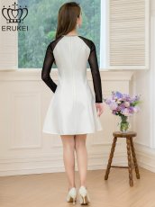 画像3: [ERUKEI]ホワイト×ブラック・サテン・ネット・ラインストーン・長袖・Aライン・ミニドレス・ワンピース[送料無料] (3)