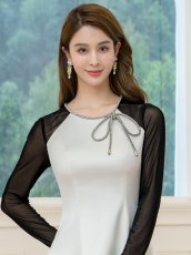 画像4: [ERUKEI]ホワイト×ブラック・サテン・ネット・ラインストーン・長袖・Aライン・ミニドレス・ワンピース[送料無料] (4)