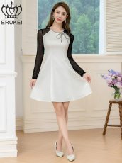 画像5: [ERUKEI]ホワイト×ブラック・サテン・ネット・ラインストーン・長袖・Aライン・ミニドレス・ワンピース[送料無料] (5)