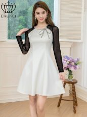 画像6: [ERUKEI]ホワイト×ブラック・サテン・ネット・ラインストーン・長袖・Aライン・ミニドレス・ワンピース[送料無料] (6)