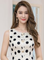 画像7: [ERUKEI]ベージュ×ブラック・ブラック×ベージュ・レッド×ホワイト・ドット・ノースリーブ・プリーツ・Aライン・ミニドレス・ワンピース[送料無料] (7)