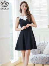 画像1: [ERUKEI]バイカラー・チェーンパイピング・レイヤード風・Aライン・フレア・ミニドレス・ワンピース[送料無料] (1)