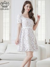 画像2: [ERUKEI]ホワイト・スクエアネック・総レース・半袖・Aライン・ミニドレス・ワンピース[送料無料] (2)