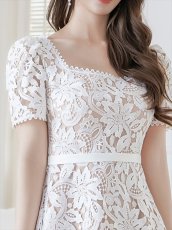 画像4: [ERUKEI]ホワイト・スクエアネック・総レース・半袖・Aライン・ミニドレス・ワンピース[送料無料] (4)