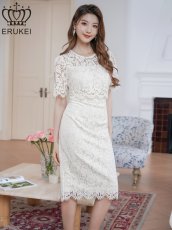 画像2: [ERUKEI]ホワイト・総レース・フラワーレース・半袖・タイト・ミディアムドレス・ワンピース[送料無料] (2)