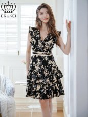 画像2: [ERUKEI]ブラック×ベージュ・ノースリーブ・ティアード・Vネック・フリル・ミニドレス・ワンピース[送料無料] (2)