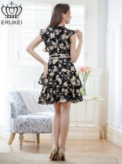 画像3: [ERUKEI]ブラック×ベージュ・ノースリーブ・ティアード・Vネック・フリル・ミニドレス・ワンピース[送料無料] (3)