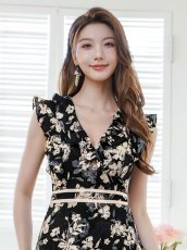 画像4: [ERUKEI]ブラック×ベージュ・ノースリーブ・ティアード・Vネック・フリル・ミニドレス・ワンピース[送料無料] (4)