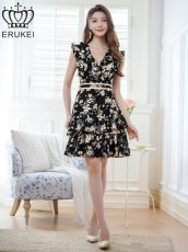 画像5: [ERUKEI]ブラック×ベージュ・ノースリーブ・ティアード・Vネック・フリル・ミニドレス・ワンピース[送料無料] (5)