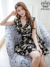 画像6: [ERUKEI]ブラック×ベージュ・ノースリーブ・ティアード・Vネック・フリル・ミニドレス・ワンピース[送料無料] (6)