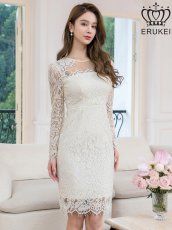 画像2: [ XS-Lサイズ / 1カラー ][ERUKEI]アイボリー・レース・シアー・ロングスリーブ・長袖・タイト・ミディアムドレス・ワンピース[送料無料] (2)