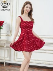 画像6: [ XS-Lサイズ / 5カラー ][ERUKEI]ノースリーブ・リボン・ドット柄・サテン・Aライン・ミニドレス・ワンピース[送料無料] (6)