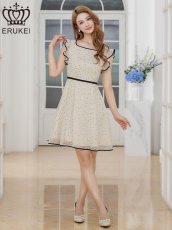 画像1: [ XS-Lサイズ / 1カラー][ERUKEI]フリルスリーブ・ドット・シフォン・パイピング・切替・Aライン・フレア・ミニドレス・ワンピース[送料無料] (1)