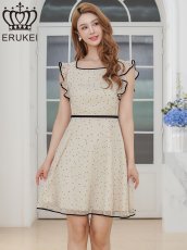 画像2: [ XS-Lサイズ / 1カラー][ERUKEI]フリルスリーブ・ドット・シフォン・パイピング・切替・Aライン・フレア・ミニドレス・ワンピース[送料無料] (2)