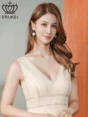 画像4: [ XS-Lサイズ / 1カラー][ERUKEI]ステッチ・Vネック・ノースリーブ・プリーツ・Aライン・ミニドレス・ワンピース[送料無料] (4)