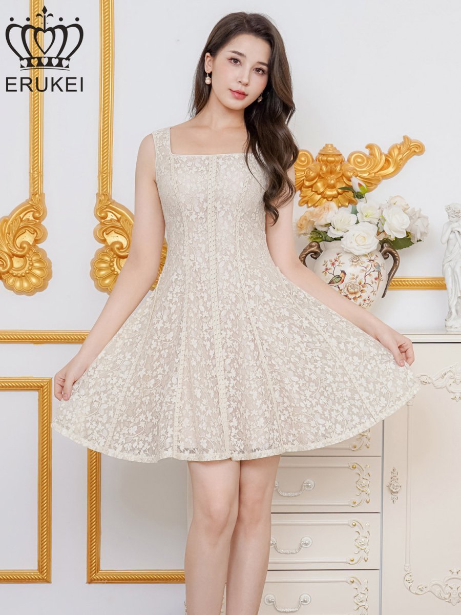 画像1: [ XS-Lサイズ / 1カラー][ERUKEI]総レース・金糸・レザー・レースアップ・ノースリーブ・切替・Aライン・ミニドレス・ワンピース[送料無料] (1)