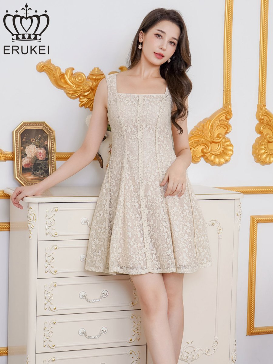 画像2: [ XS-Lサイズ / 1カラー][ERUKEI]総レース・金糸・レザー・レースアップ・ノースリーブ・切替・Aライン・ミニドレス・ワンピース[送料無料] (2)