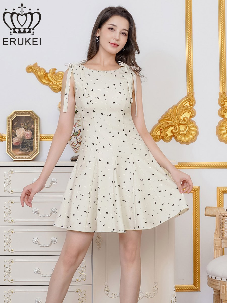 画像1: [ XS-Lサイズ / 1カラー][ERUKEI]リボン柄・プリント・ノースリーブ・肩リボン・Aライン・フレア・ミニドレス・ワンピース[送料無料] (1)