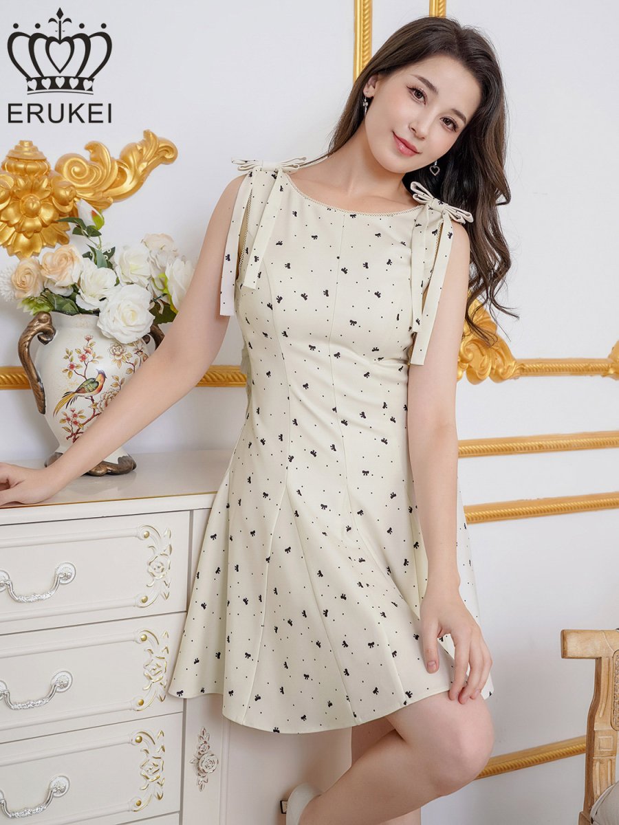 画像2: [ XS-Lサイズ / 1カラー][ERUKEI]リボン柄・プリント・ノースリーブ・肩リボン・Aライン・フレア・ミニドレス・ワンピース[送料無料] (2)