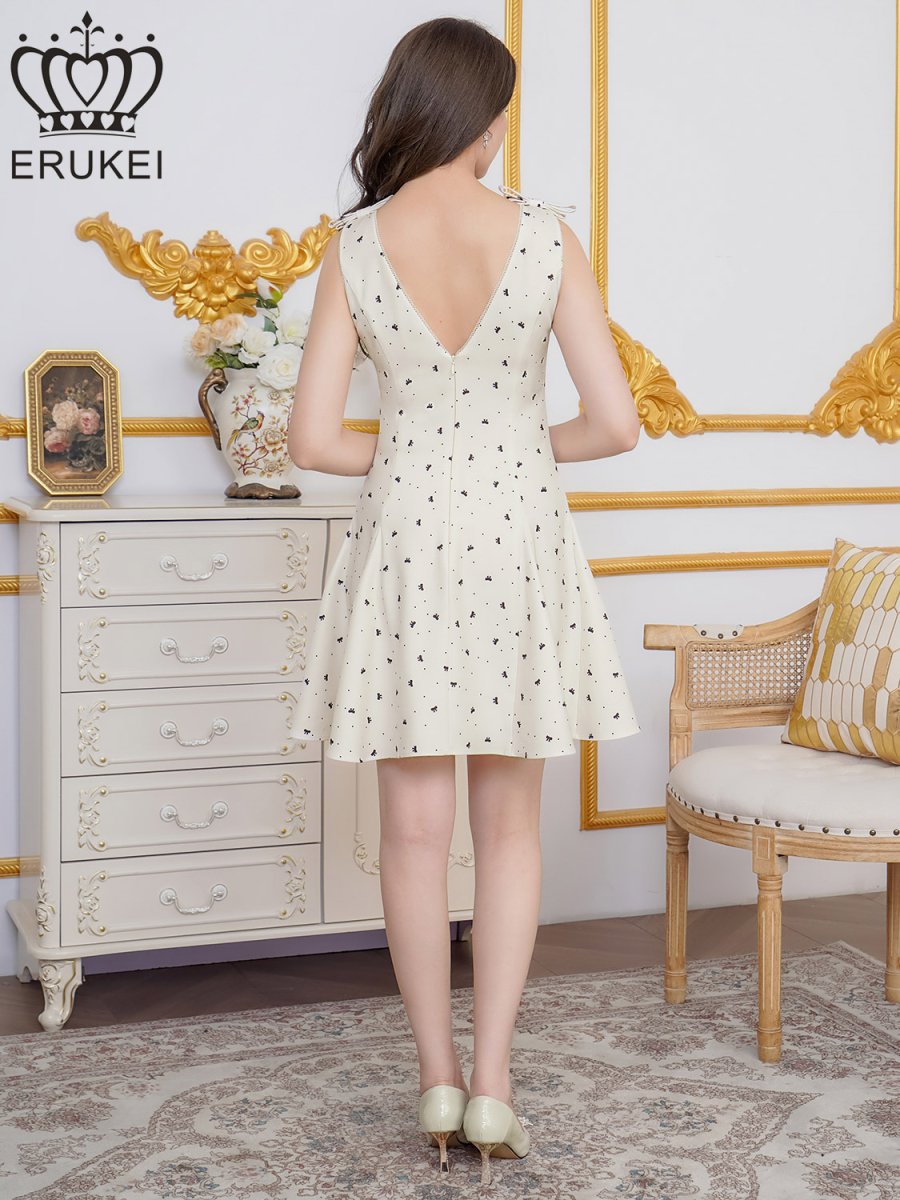 画像3: [ XS-Lサイズ / 1カラー][ERUKEI]リボン柄・プリント・ノースリーブ・肩リボン・Aライン・フレア・ミニドレス・ワンピース[送料無料] (3)