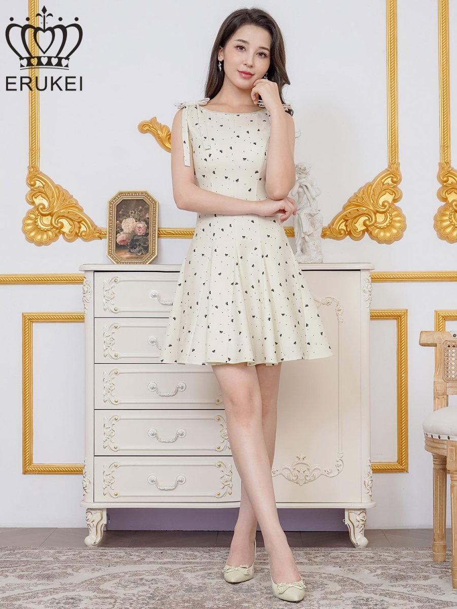 画像5: [ XS-Lサイズ / 1カラー][ERUKEI]リボン柄・プリント・ノースリーブ・肩リボン・Aライン・フレア・ミニドレス・ワンピース[送料無料] (5)