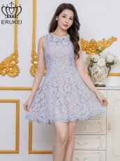 画像1: [ XS-Lサイズ / 1カラー ][ERUKEI]ブルー・総レース・ビジュー・Aライン・ミニドレス・ワンピース[送料無料] (1)