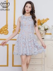 画像2: [ XS-Lサイズ / 1カラー ][ERUKEI]ブルー・総レース・ビジュー・Aライン・ミニドレス・ワンピース[送料無料] (2)