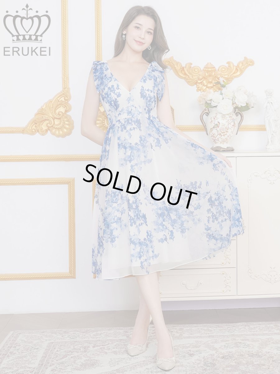 画像1: [ XS-Lサイズ / 1カラー][ERUKEI]花柄・プリント・シフォン・Vネック・ノースリーブ・肩リボン・タック・フレア・Aライン・ミディアムドレス・ワンピース[送料無料] (1)