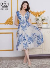 画像1: [ XS-Lサイズ / 1カラー][ERUKEI]花柄・プリント・シフォン・Vネック・ノースリーブ・肩リボン・タック・フレア・Aライン・ミディアムドレス・ワンピース[送料無料] (1)