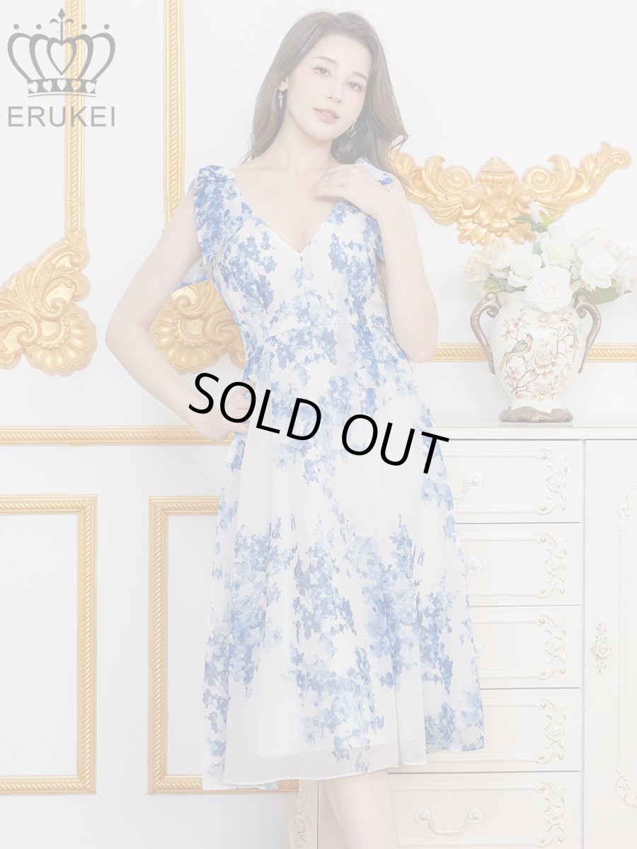 画像2: [ XS-Lサイズ / 1カラー][ERUKEI]花柄・プリント・シフォン・Vネック・ノースリーブ・肩リボン・タック・フレア・Aライン・ミディアムドレス・ワンピース[送料無料] (2)