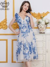 画像2: [ XS-Lサイズ / 1カラー][ERUKEI]花柄・プリント・シフォン・Vネック・ノースリーブ・肩リボン・タック・フレア・Aライン・ミディアムドレス・ワンピース[送料無料] (2)