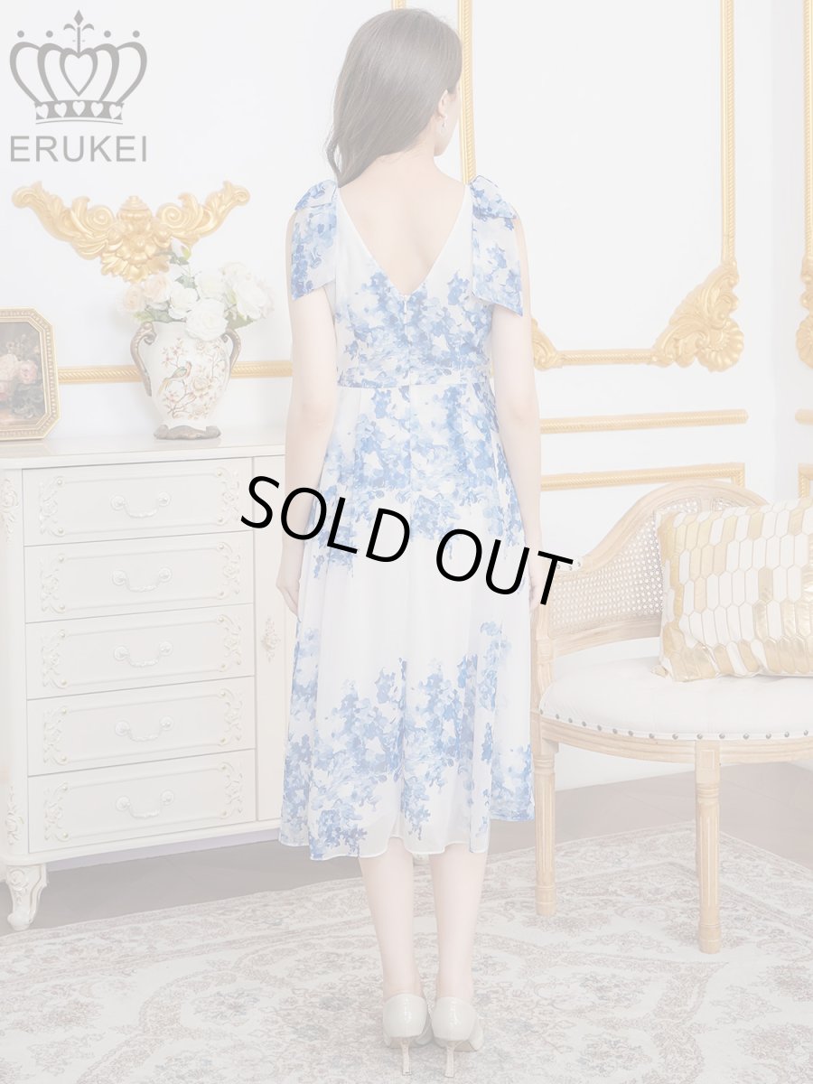 画像3: [ XS-Lサイズ / 1カラー][ERUKEI]花柄・プリント・シフォン・Vネック・ノースリーブ・肩リボン・タック・フレア・Aライン・ミディアムドレス・ワンピース[送料無料] (3)