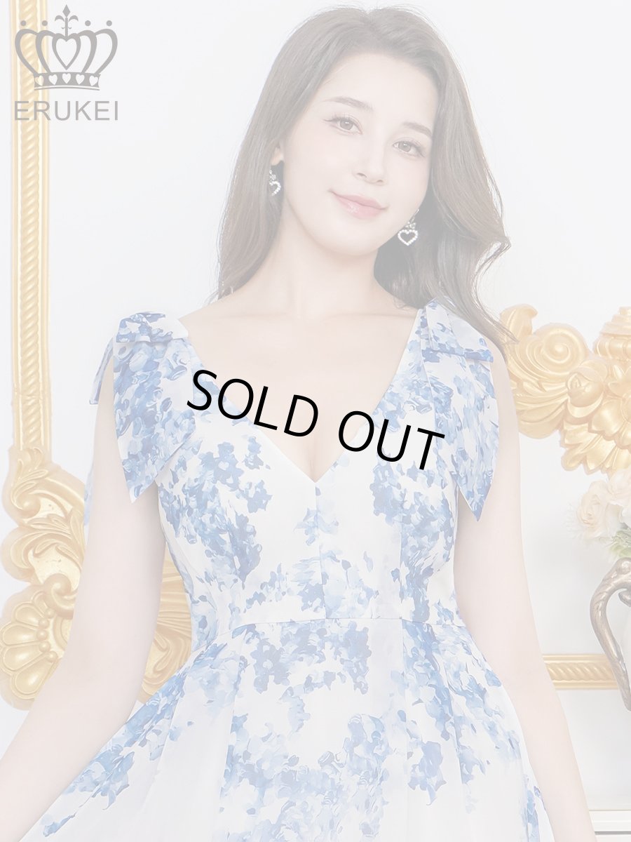 画像4: [ XS-Lサイズ / 1カラー][ERUKEI]花柄・プリント・シフォン・Vネック・ノースリーブ・肩リボン・タック・フレア・Aライン・ミディアムドレス・ワンピース[送料無料] (4)