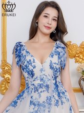 画像4: [ XS-Lサイズ / 1カラー][ERUKEI]花柄・プリント・シフォン・Vネック・ノースリーブ・肩リボン・タック・フレア・Aライン・ミディアムドレス・ワンピース[送料無料] (4)