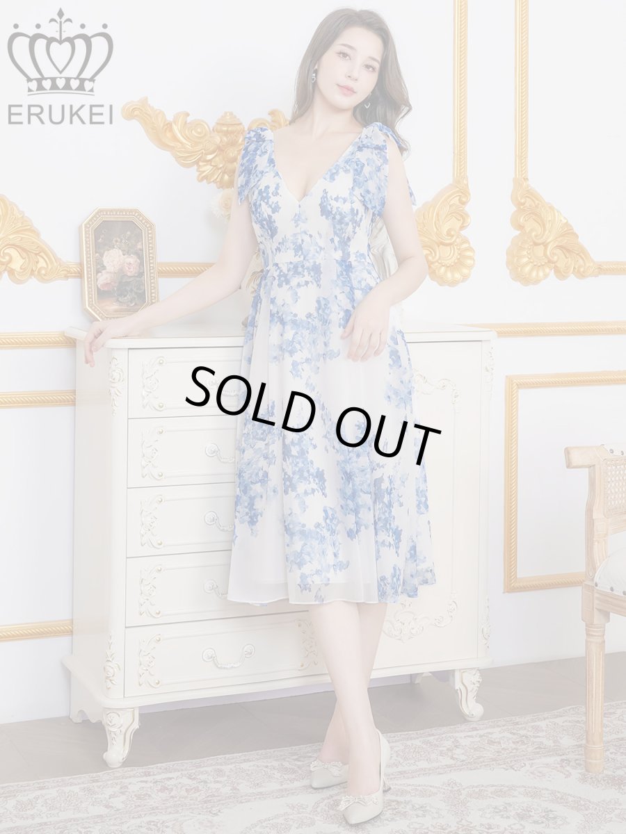 画像5: [ XS-Lサイズ / 1カラー][ERUKEI]花柄・プリント・シフォン・Vネック・ノースリーブ・肩リボン・タック・フレア・Aライン・ミディアムドレス・ワンピース[送料無料] (5)